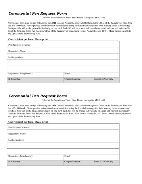 Ceremonial Pen Request Form - Maryland Download Pdf