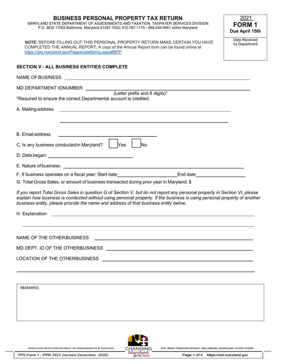 Form 1 Business Personal Property Tax Return - Maryland, Page 1