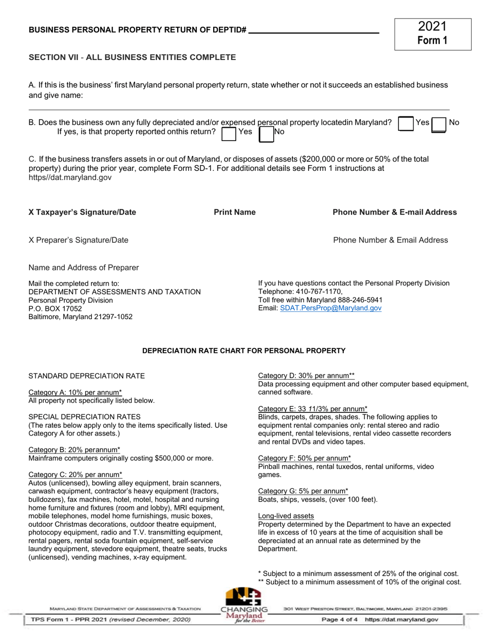 Form 1 Business Personal Property Tax Return - Maryland, Page 4