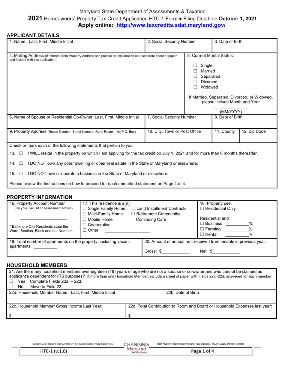 Form HTC-1 Homeowners Property Tax Credit Application - Maryland, Page 1