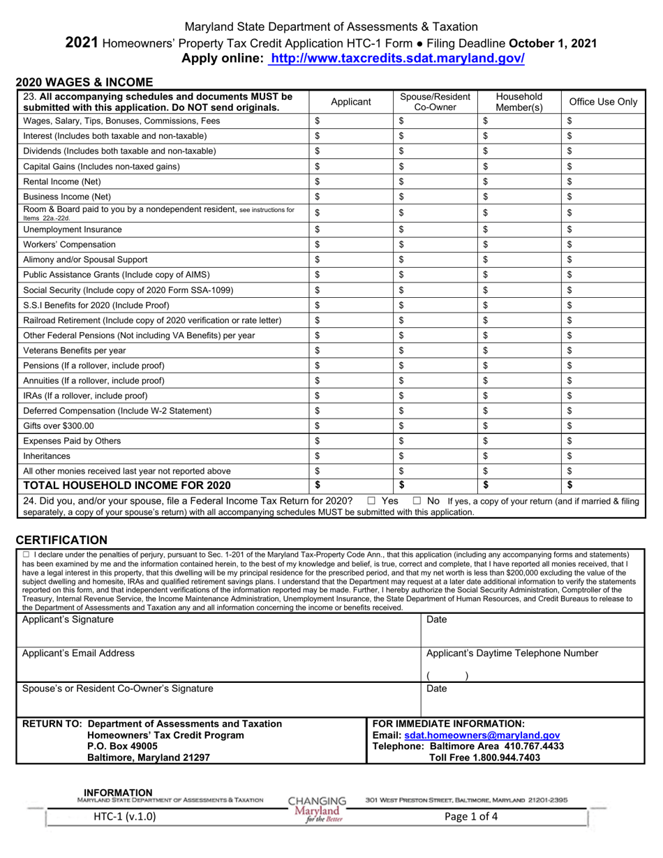 Form HTC-1 Homeowners Property Tax Credit Application - Maryland, Page 2
