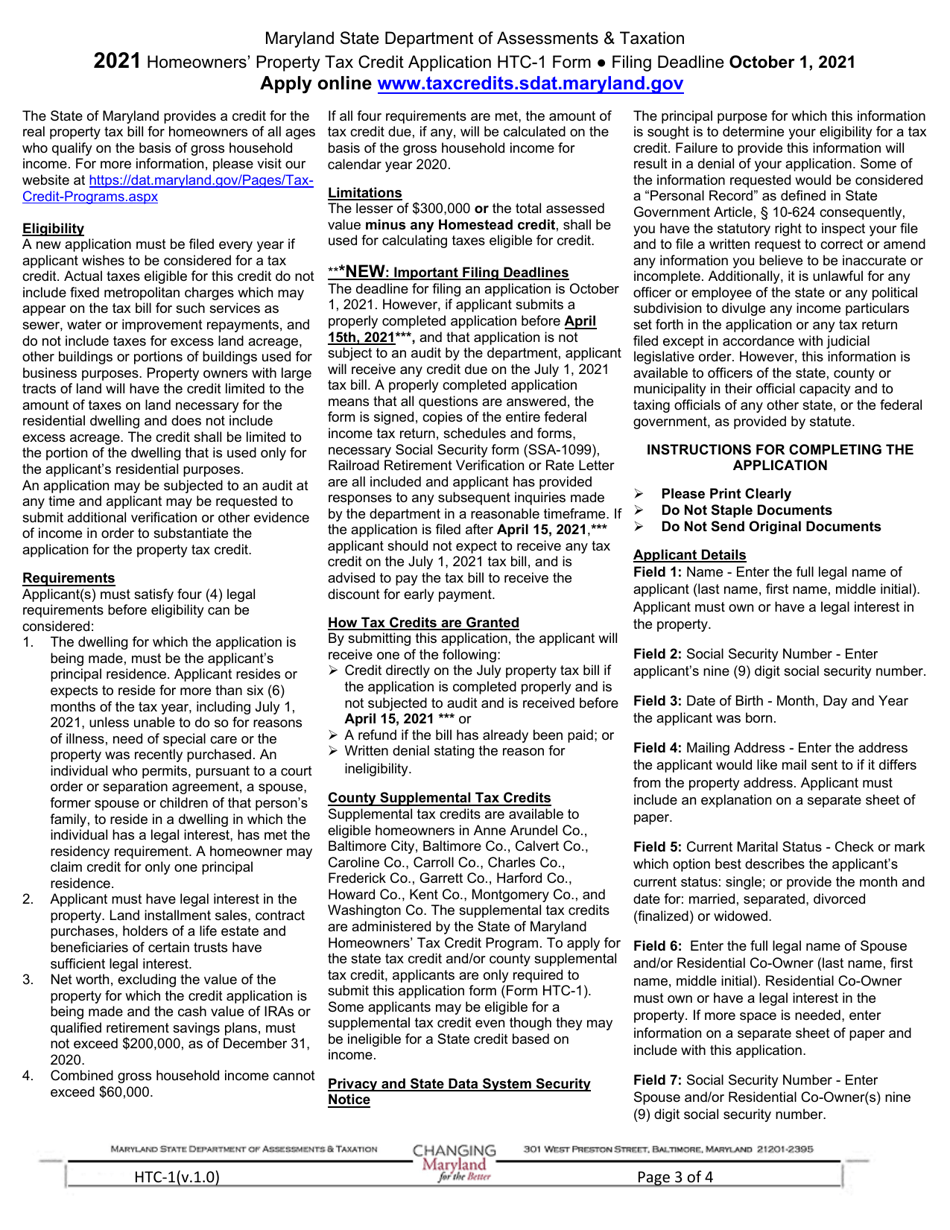Form HTC-1 Homeowners Property Tax Credit Application - Maryland, Page 3