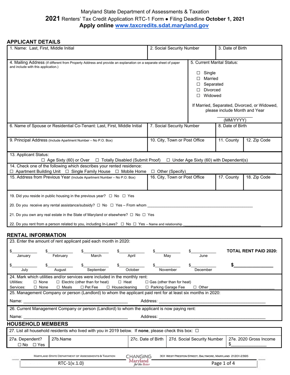 Form RTC-1 Renters Tax Credit Application - Maryland, Page 1