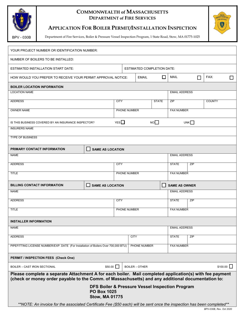 Form BPV-030B Application for Boiler Permit / Installation Inspection - Massachusetts, Page 1