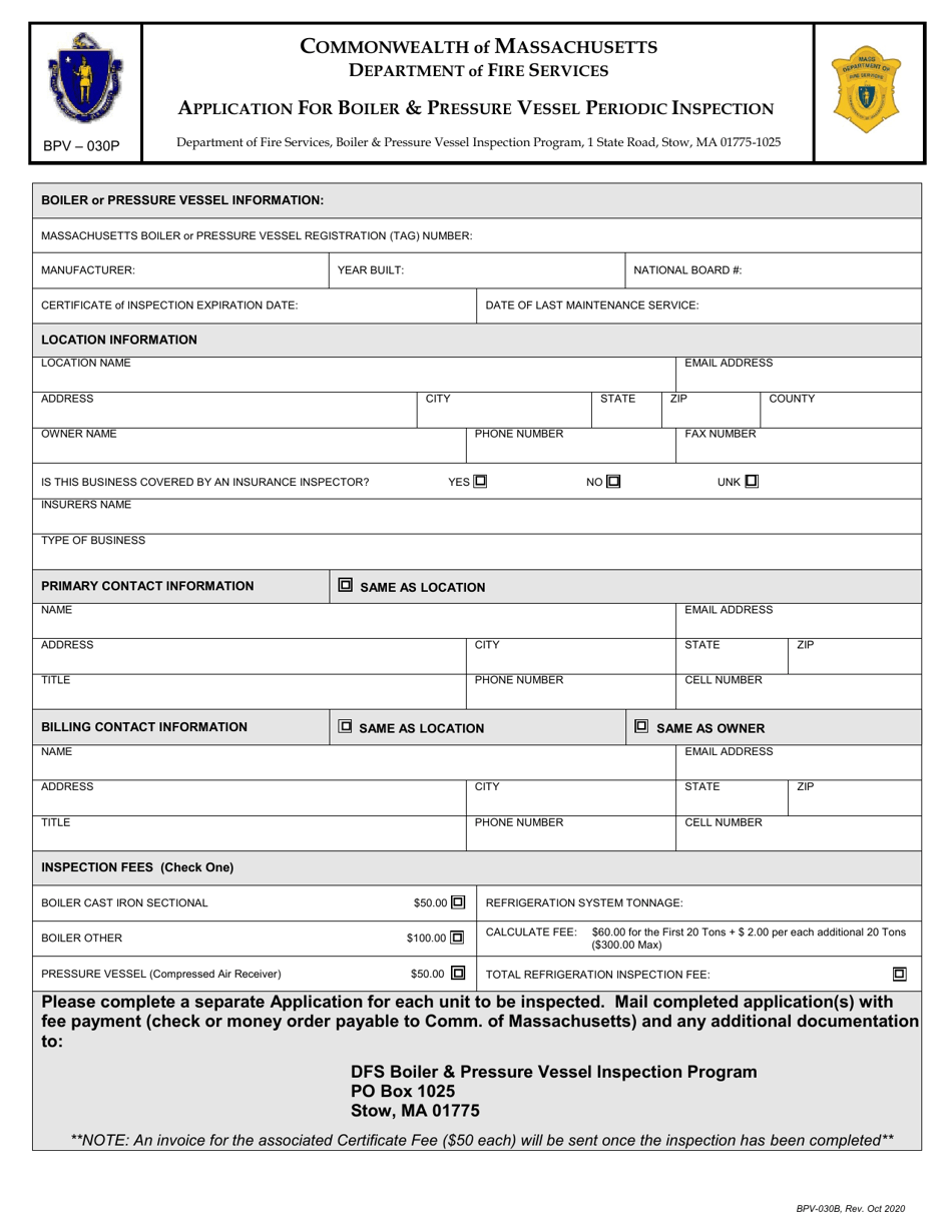 Form BPV-030P Application for Boiler  Pressure Vessel Periodic Inspection - Massachusetts, Page 1