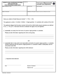 Document preview: Form JV-086 Parent/Legalguardian/Custodian Application for Child Requiring Assistance - Massachusetts