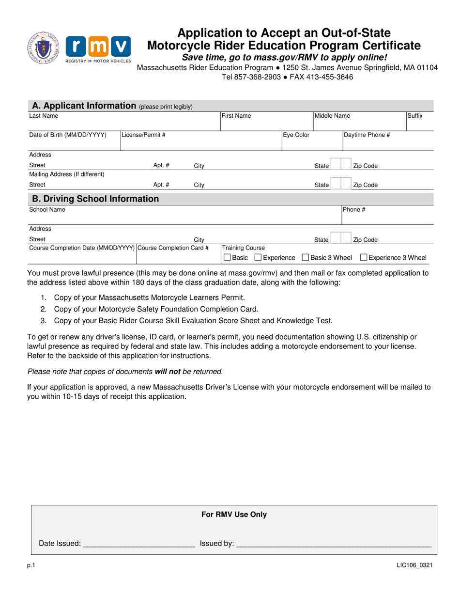Form LIC106 Application to Accept an Out-of-State Motorcycle Rider Education Program Certificate - Massachusetts, Page 1