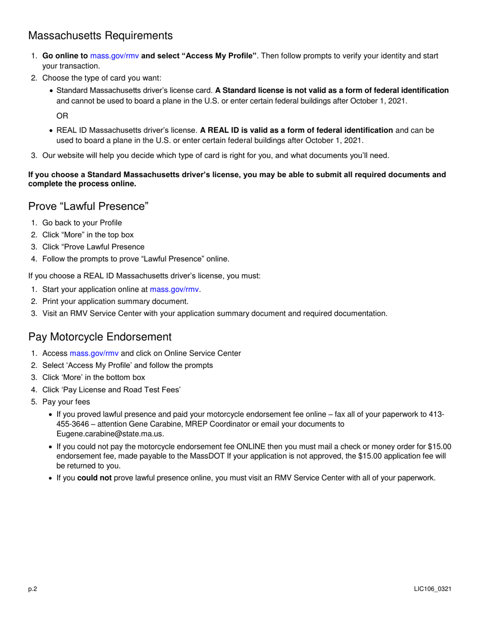 Form LIC106 Application to Accept an Out-of-State Motorcycle Rider Education Program Certificate - Massachusetts, Page 2