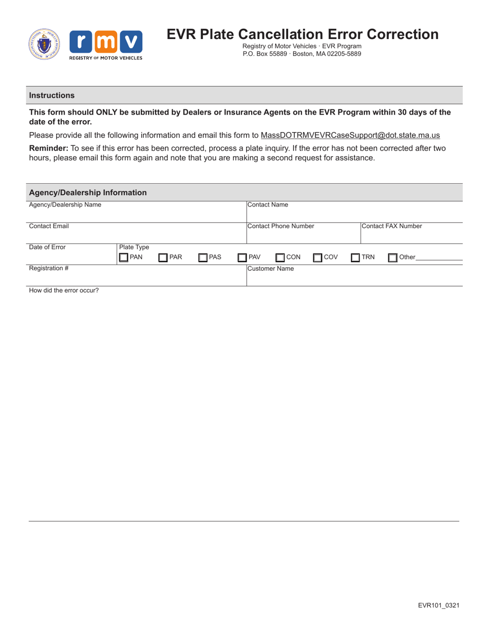 Form Evr101 Download Fillable Pdf Or Fill Online Evr Plate Cancellation Error Correction 7737