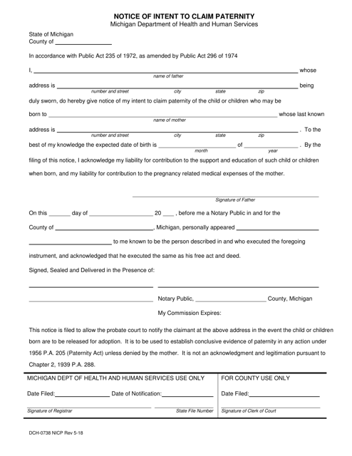 Form DCH-0738 Notice of Intent to Claim Paternity - Michigan