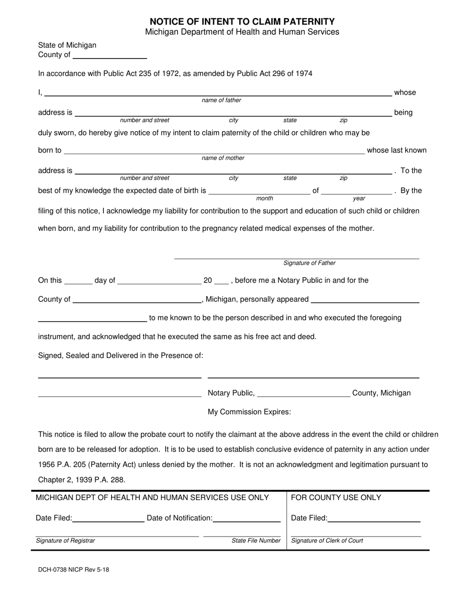 Form DCH-0738 Notice of Intent to Claim Paternity - Michigan, Page 1