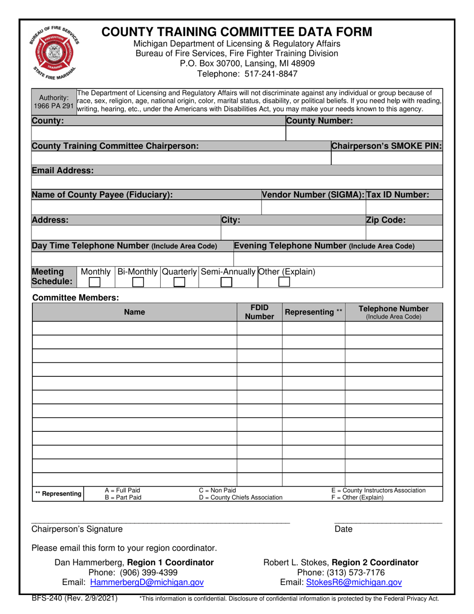 Form BFS-240 County Training Committee Data Form - Michigan, Page 1