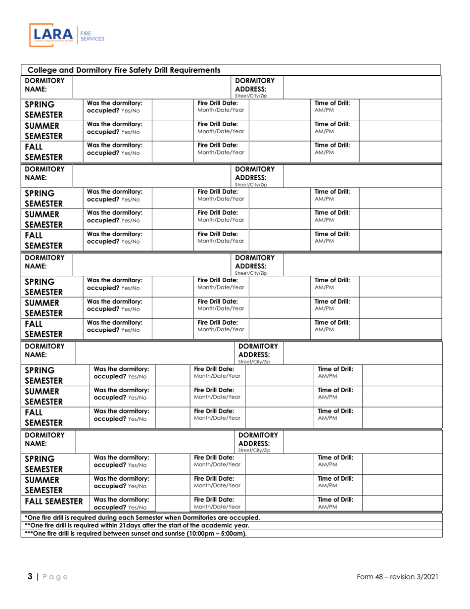 Form 48 Postsecondary Fire Drill Form - Michigan, Page 3