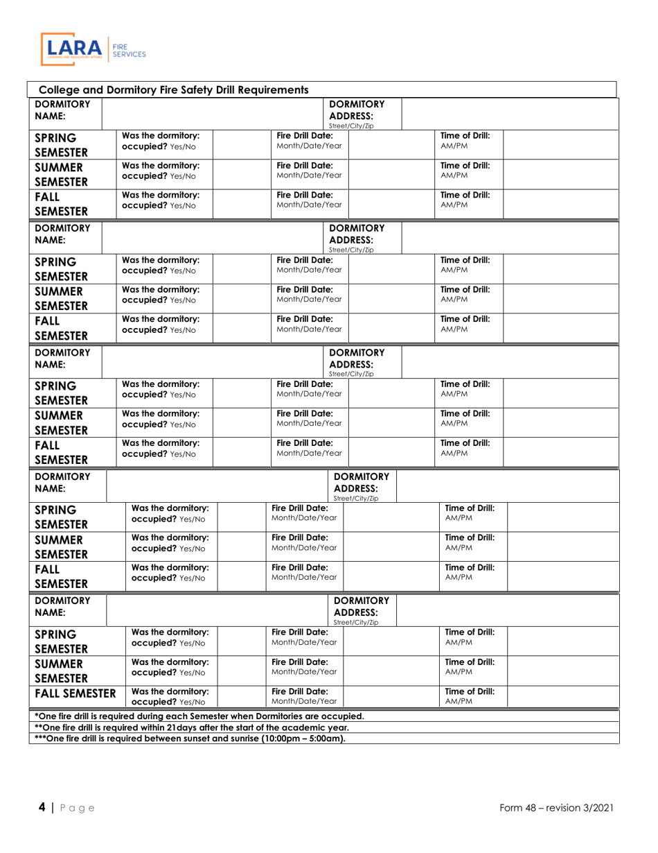 Form 48 Postsecondary Fire Drill Form - Michigan, Page 4