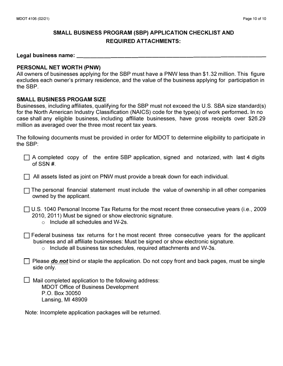 Form MDOT4106 Small Business Program Application - Michigan, Page 10