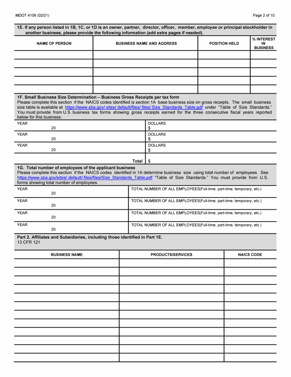 Form MDOT4106 Small Business Program Application - Michigan, Page 2