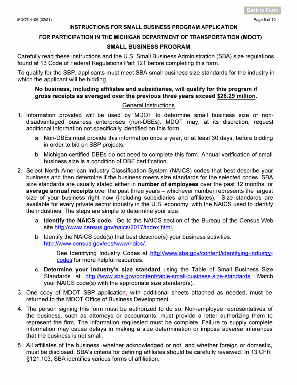 Form MDOT4106 Small Business Program Application - Michigan, Page 5