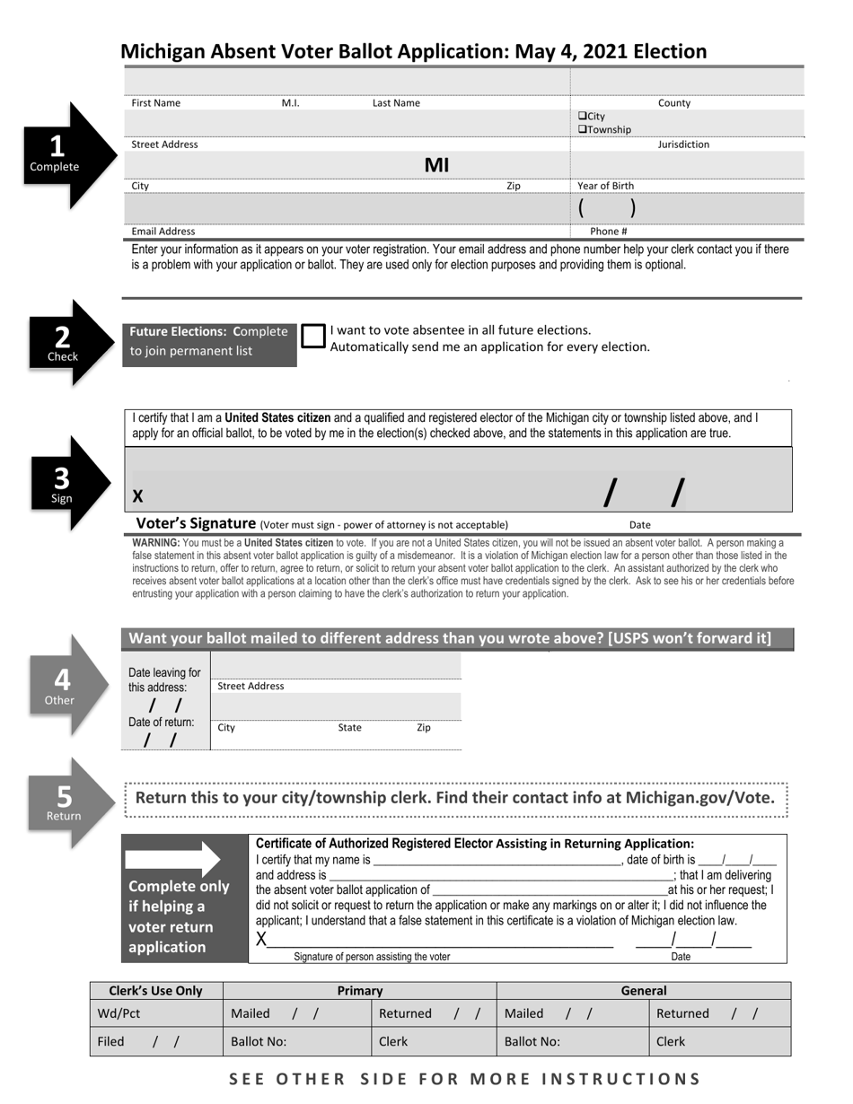 Michigan Absent Voter Ballot Application: May 4, 2021 Election - Michigan, Page 1