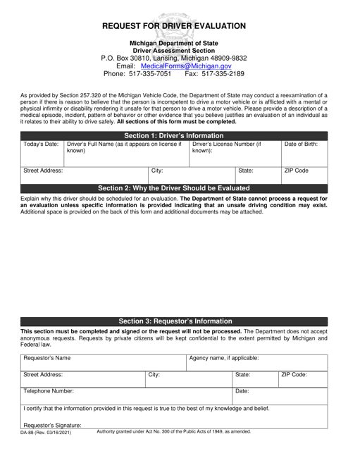 Form DA-88 Request for Driver Evaluation - Michigan