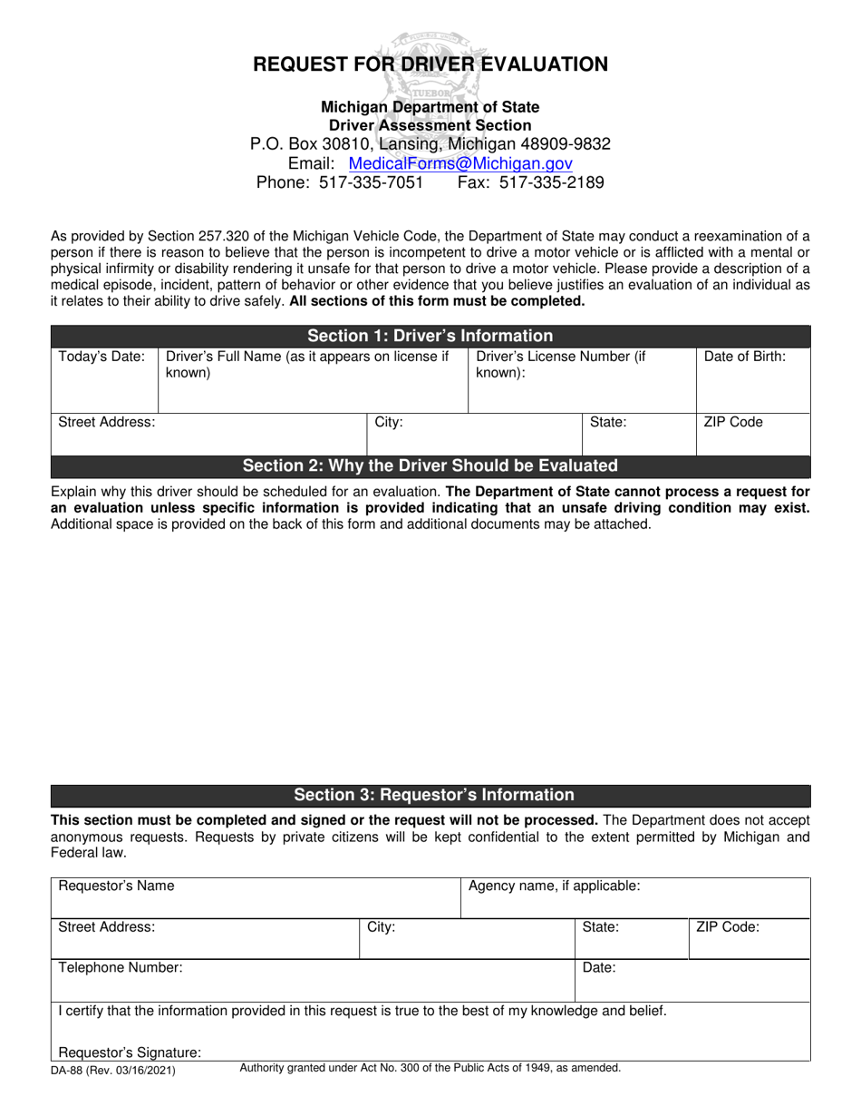 Form DA-88 Request for Driver Evaluation - Michigan, Page 1