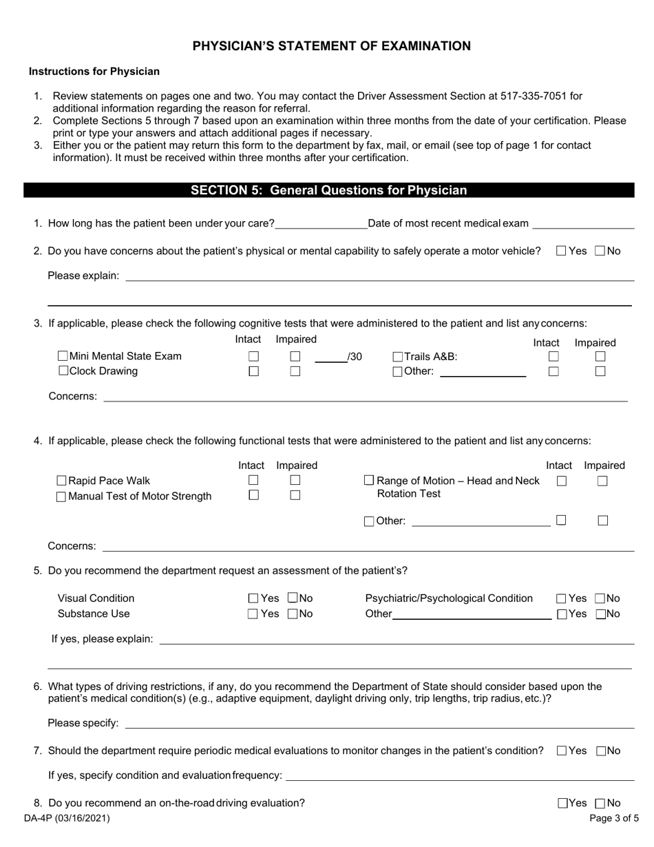 Form DA-4P Physicians Statement of Examination - Michigan, Page 3