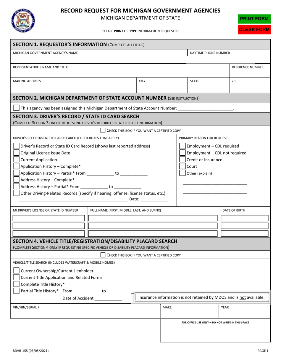 Form BDVR-155 Record Request for Michigan Government Agencies - Michigan, Page 1