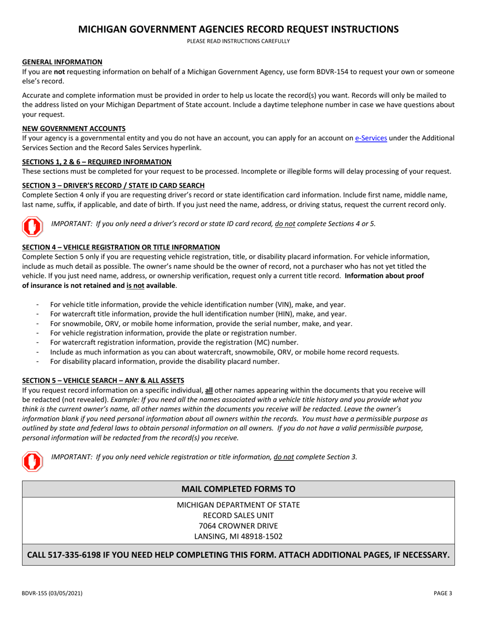 Form BDVR-155 Record Request for Michigan Government Agencies - Michigan, Page 3
