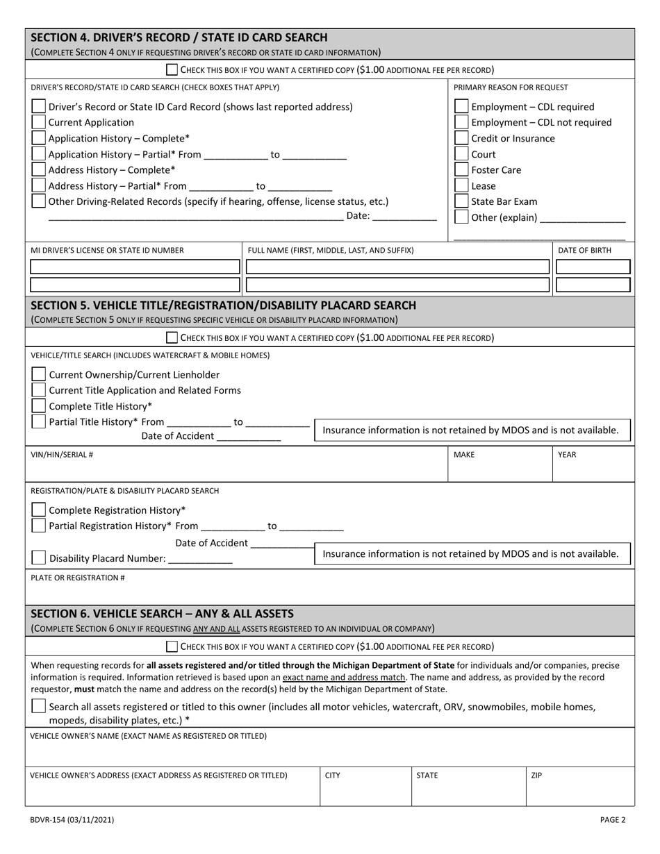 Form BDVR-154 Non-account  Individual Record Request - Michigan, Page 2