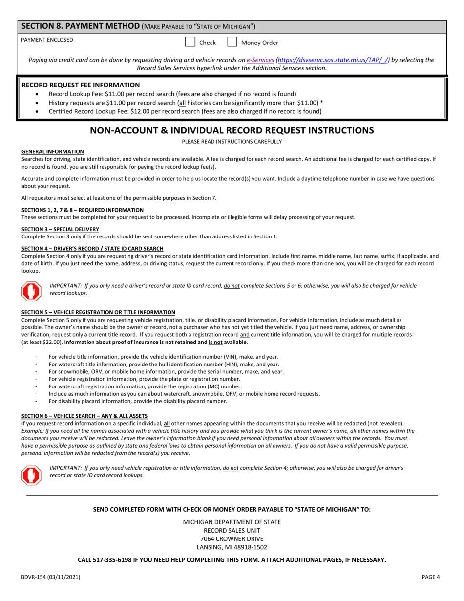 Form BDVR-154 Non-account  Individual Record Request - Michigan, Page 4