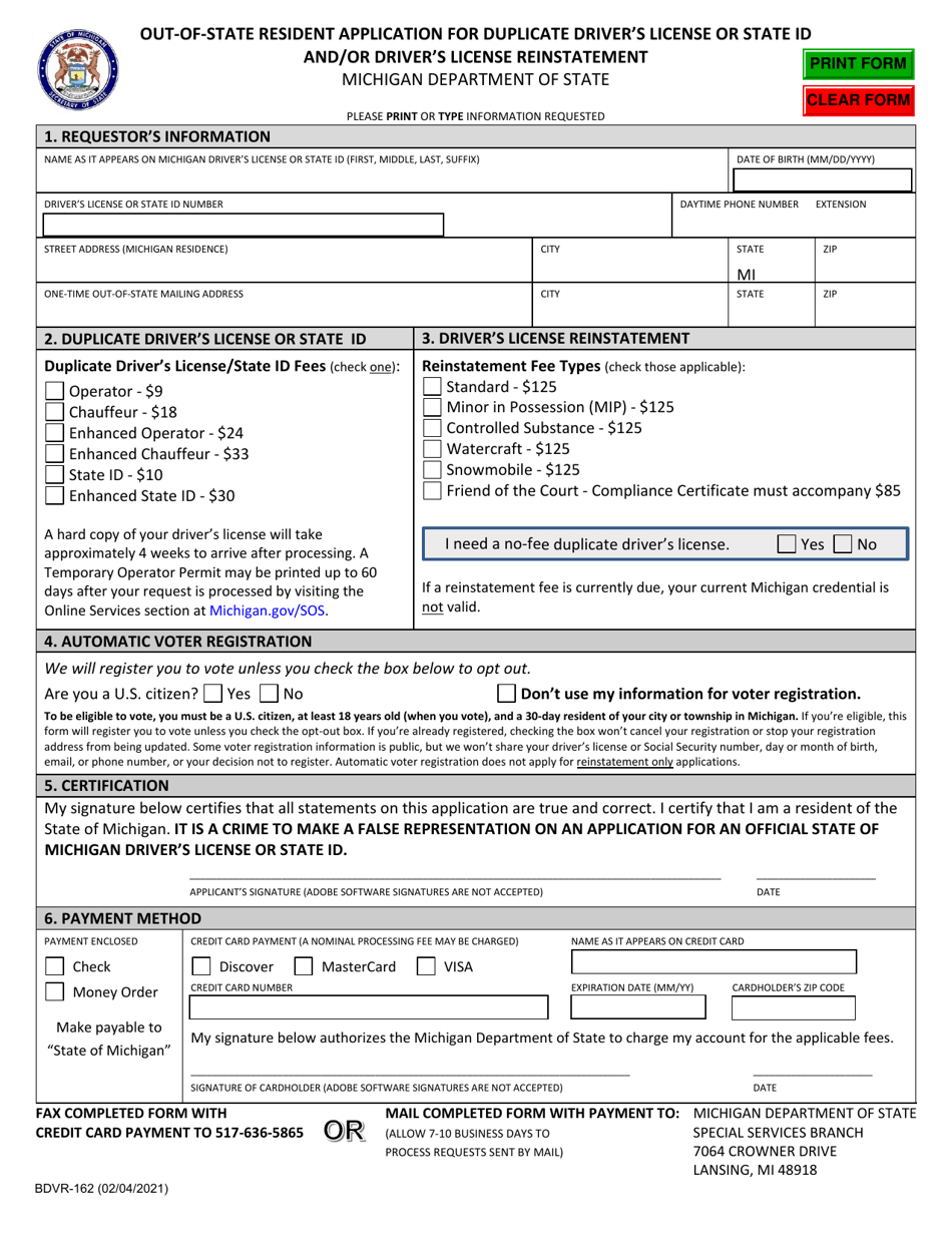 Form BDVR-162 Out-of-state Resident Application for Duplicate Drivers License or State Id and / or Drivers License Reinstatement - Michigan, Page 1