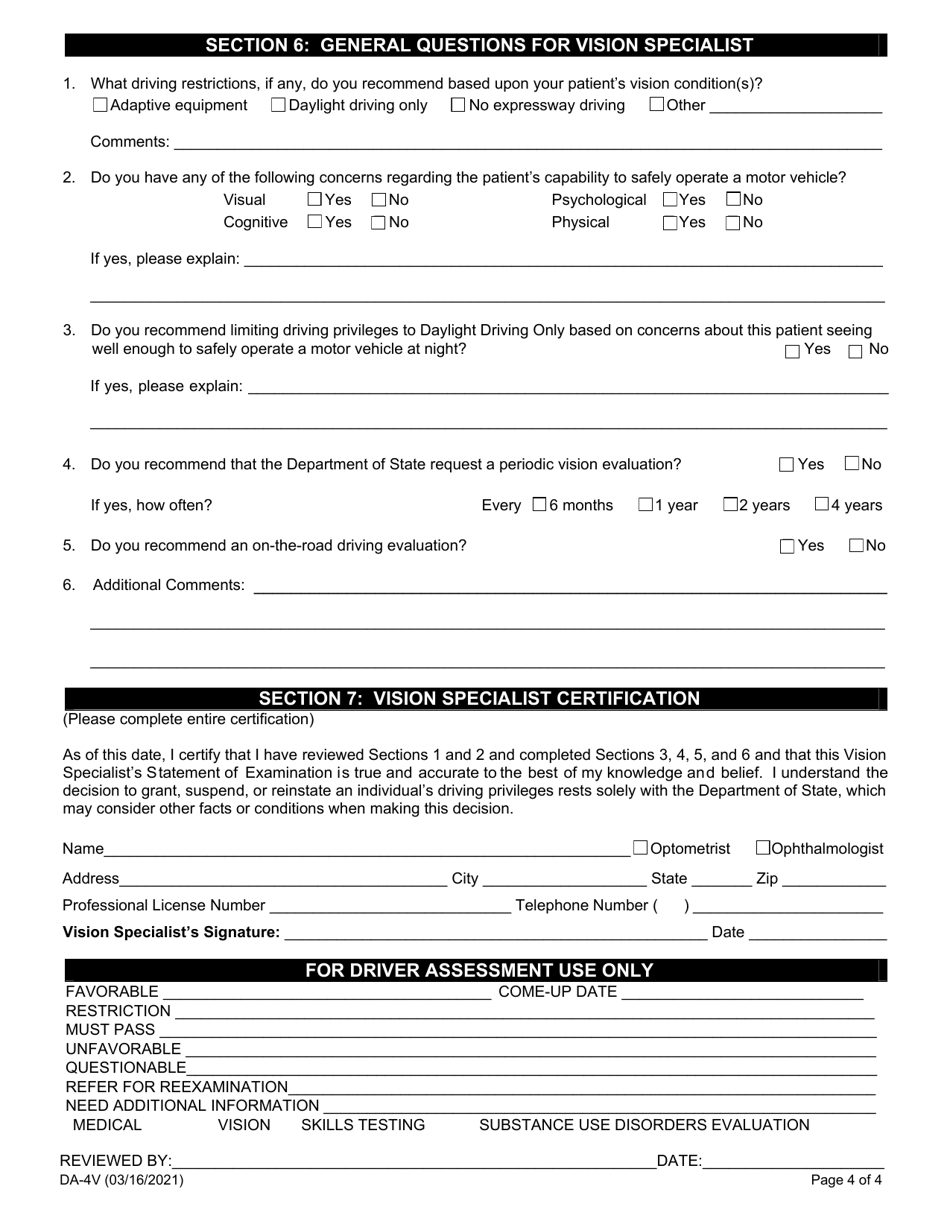 Form DA-4V Vision Specialists Statement of Examination - Michigan, Page 4