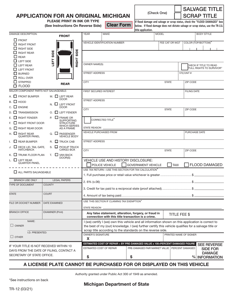 Form TR-12 Application for an Original Michigan Salvage / Scrap Title - Michigan, Page 1
