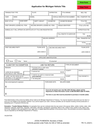 Document preview: Form TR-11L Application for Michigan Vehicle Title - Michigan