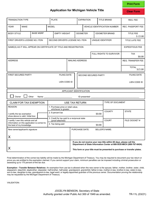 Form TR-11L Application for Michigan Vehicle Title - Michigan