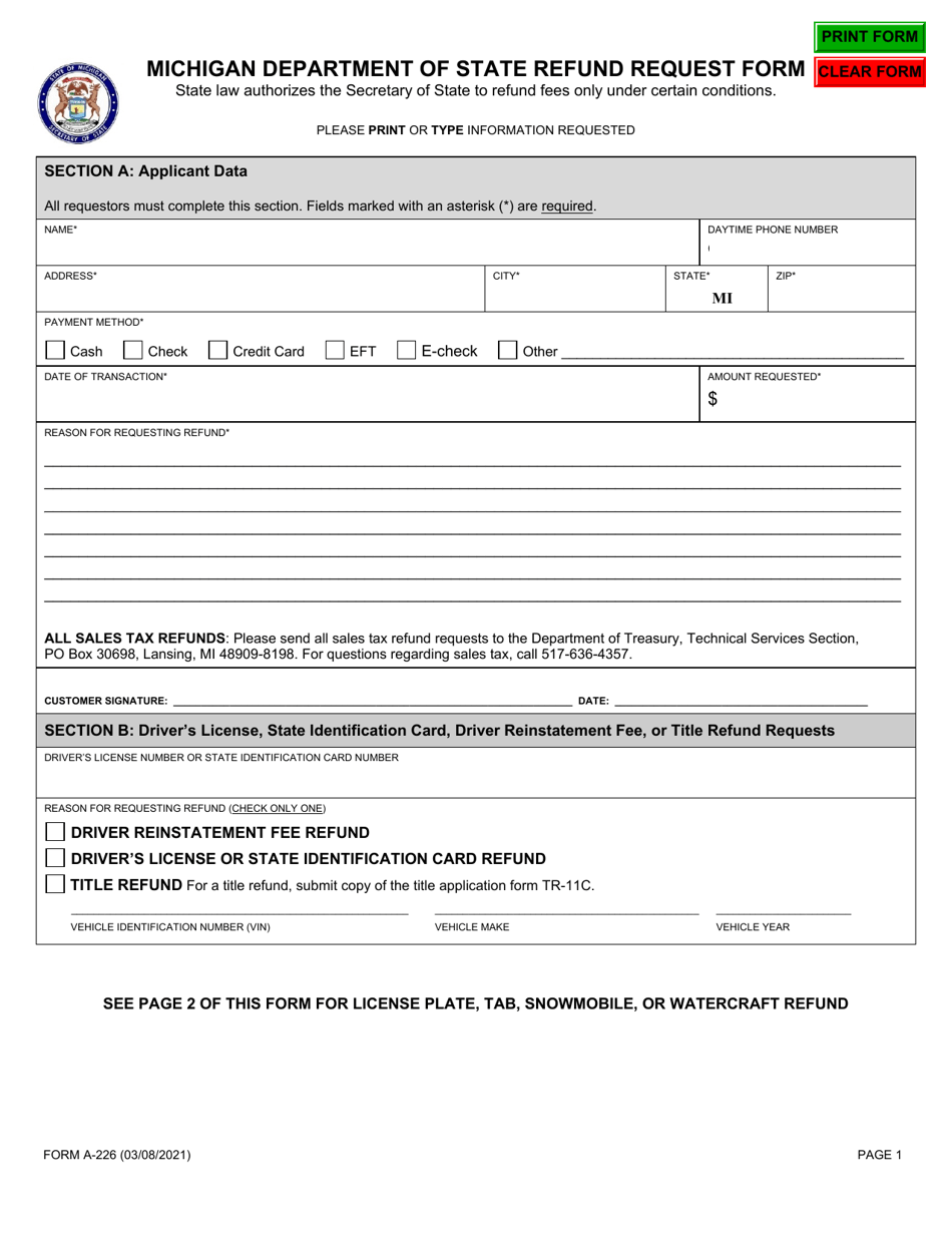 Form A-226 Michigan Department of State Refund Request Form - Michigan, Page 1
