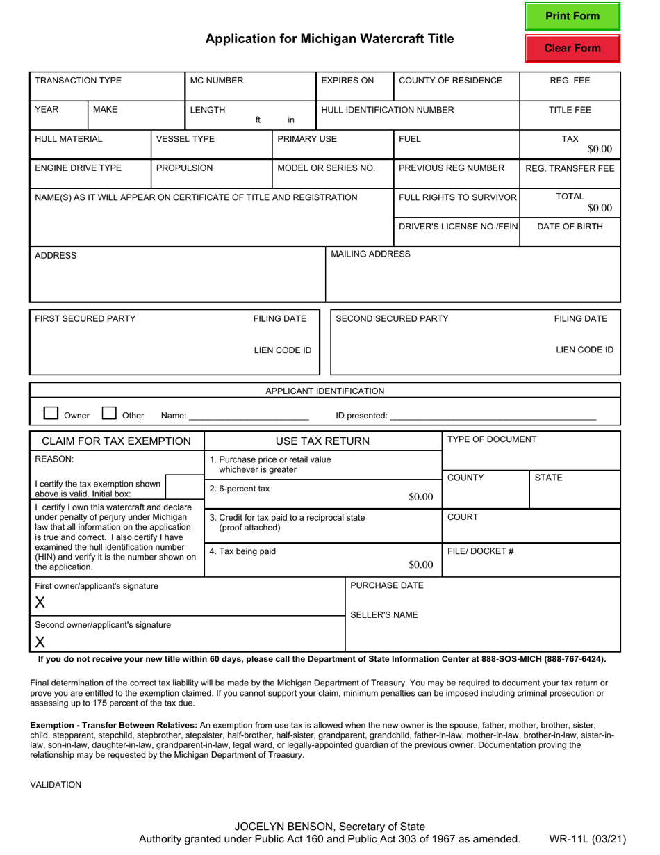 Form WR-11L Application for Michigan Watercraft Title - Michigan, Page 1
