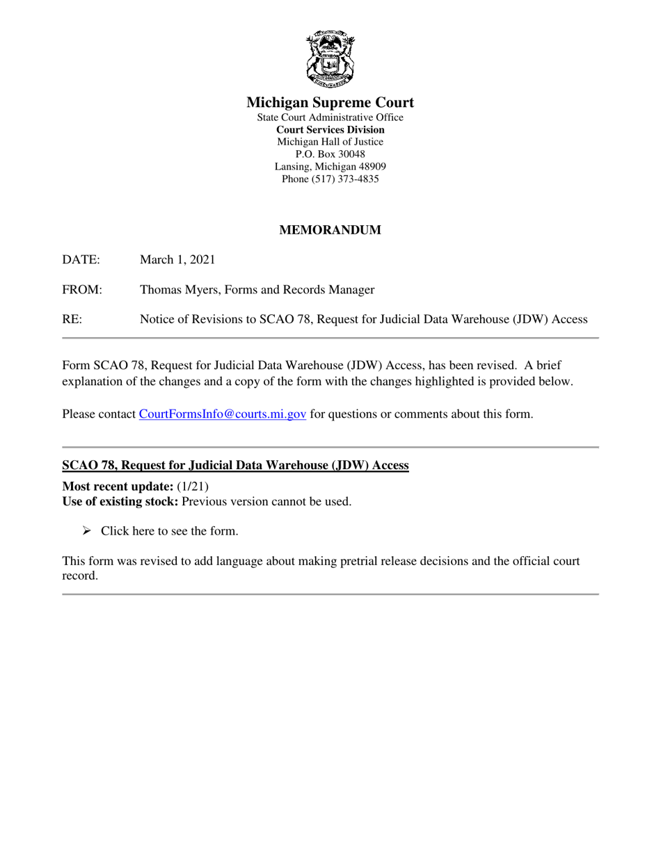 Form SCAO78 Request for Judicial Data Warehouse (Jdw) Access - Michigan, Page 1
