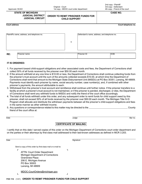 Form FOC112 Order to Remit Prisoner Funds for Child Support - Michigan