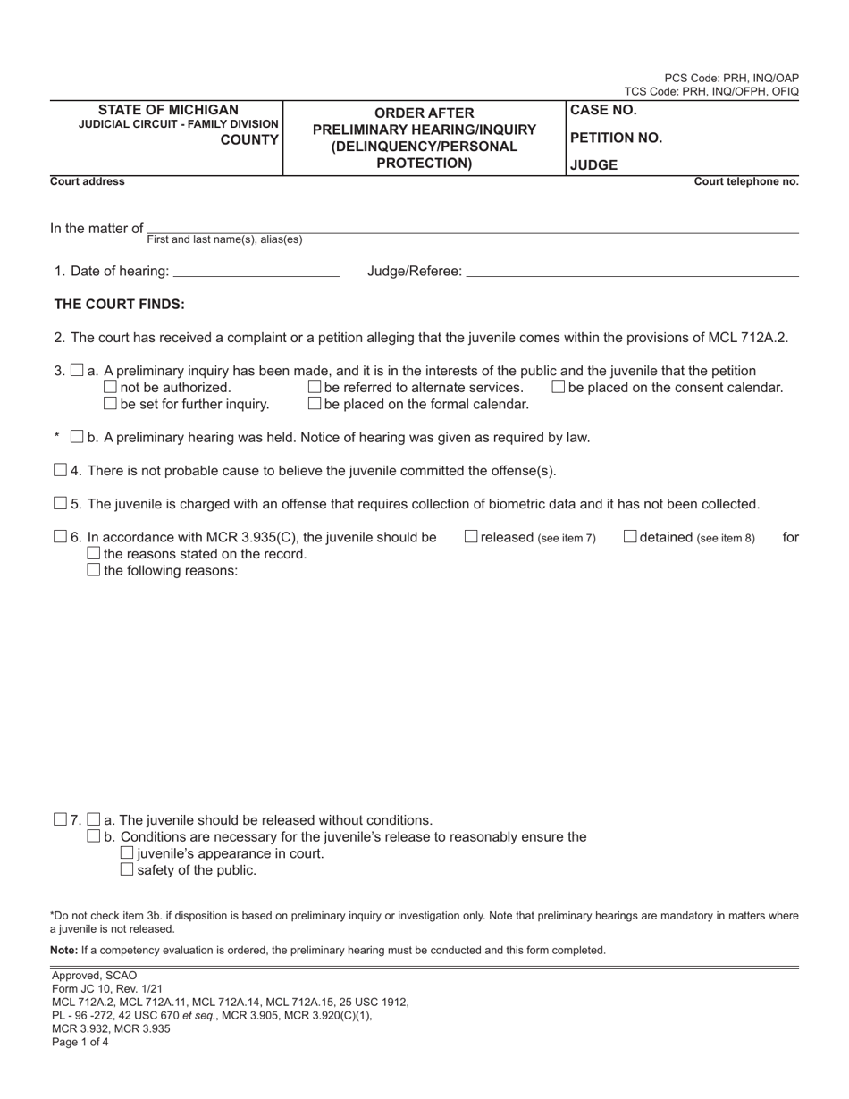 Form JC10 Order After Preliminary Hearing / Inquiry (Delinquency / Personal Protection) - Michigan, Page 1