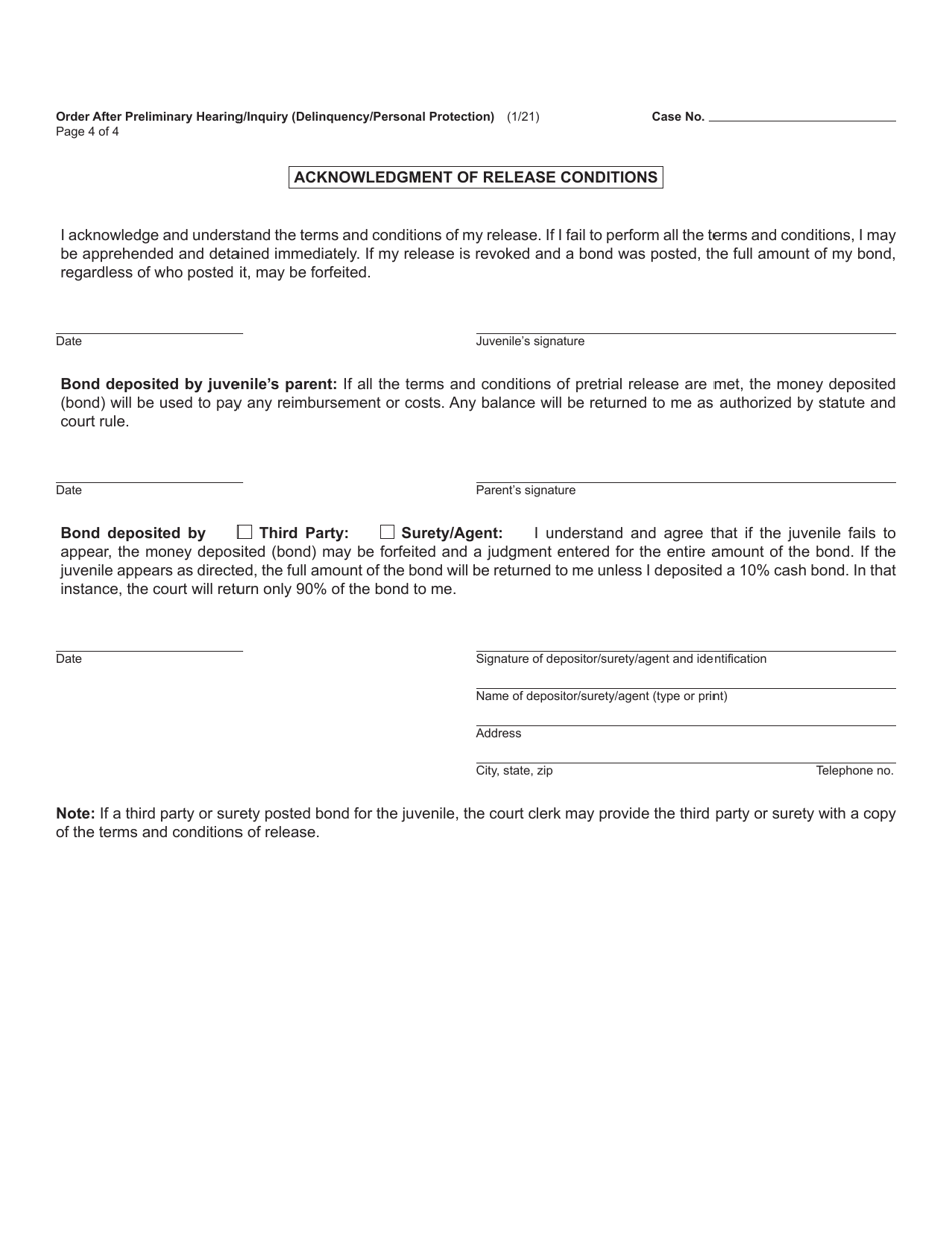 Form JC10 Order After Preliminary Hearing / Inquiry (Delinquency / Personal Protection) - Michigan, Page 4