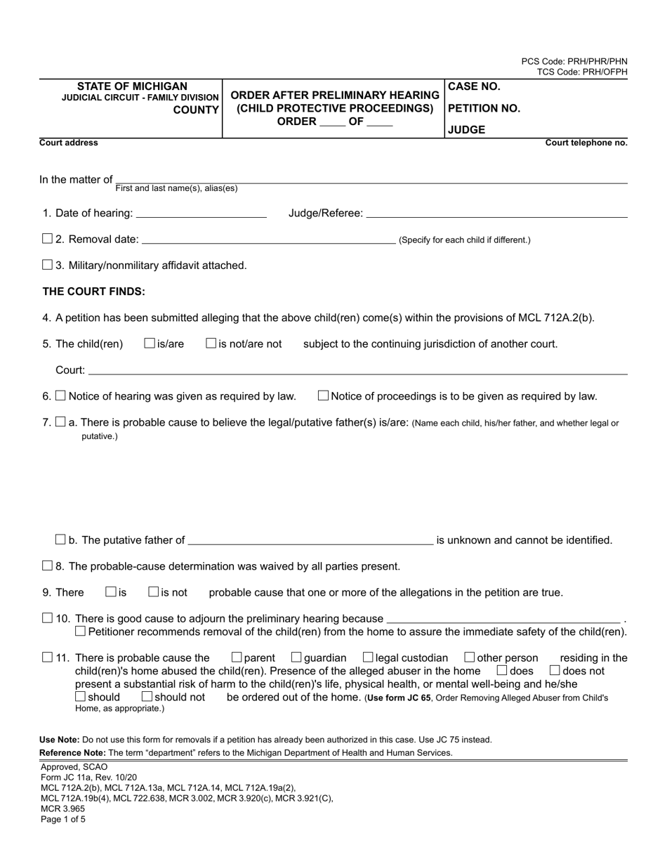 Form JC11A Order After Preliminary Hearing (Child Protective Proceedings) - Michigan, Page 1