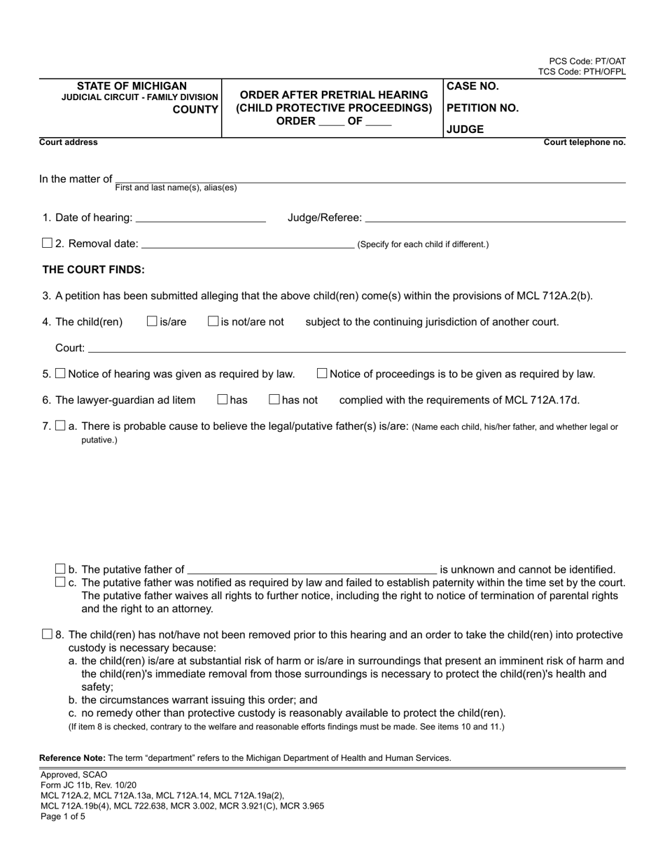 Form JC11B Order After Pretrial Hearing (Child Protective Proceedings) - Michigan, Page 1