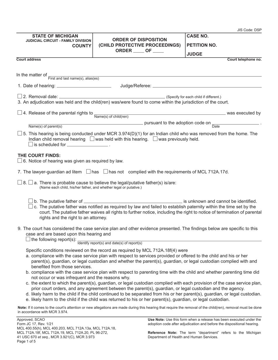 Form JC17 Order of Disposition (Child Protective Proceedings) - Michigan, Page 1