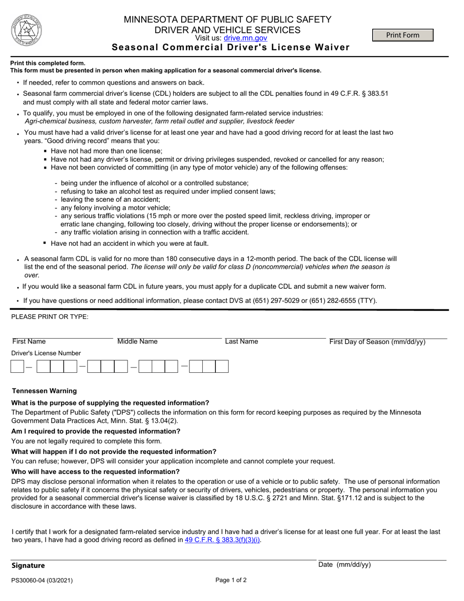 Form Ps Download Fillable Pdf Or Fill Online Seasonal Commercial Driver S License Waiver Minnesota Templateroller