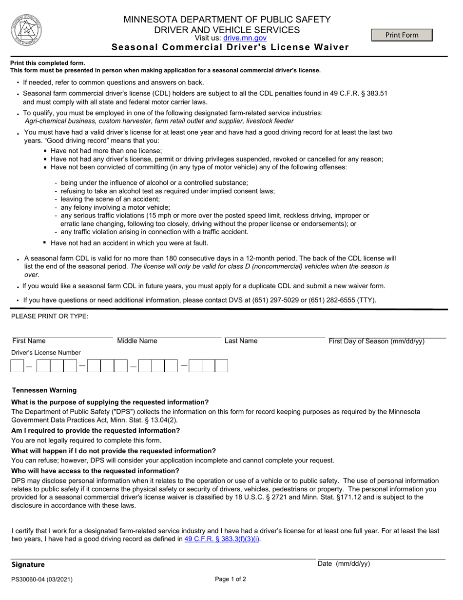 Form PS30060 Seasonal Commercial Drivers License Waiver - Minnesota, Page 1