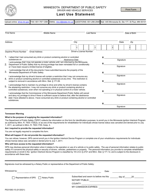 Form PS31083-15 Last Use Statement - Minnesota