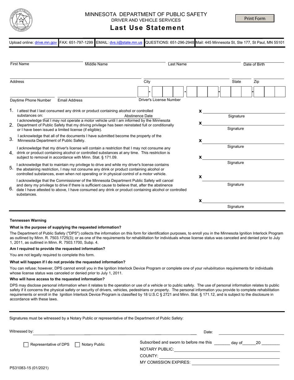 Form PS31083-15 Last Use Statement - Minnesota, Page 1