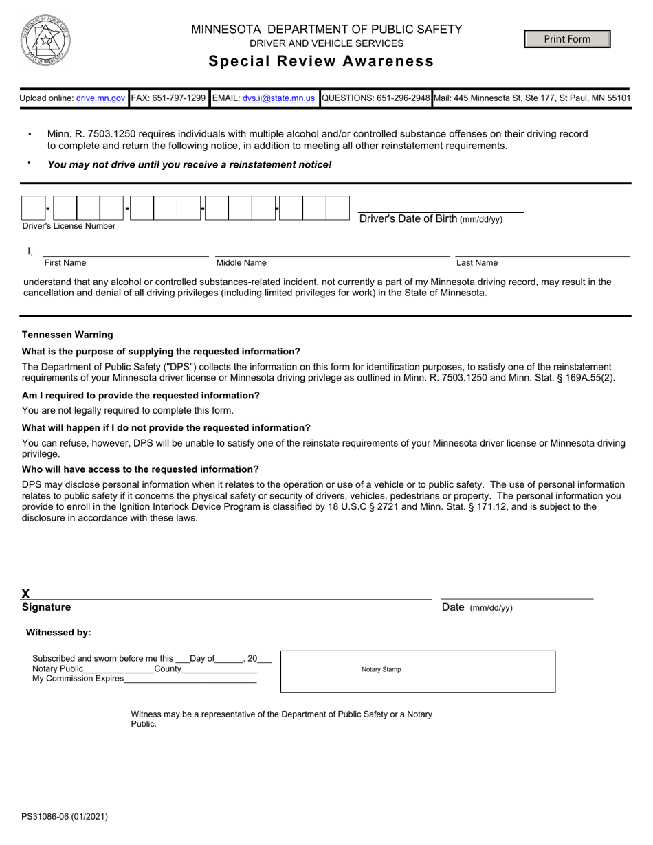 Form PS31086-06 Special Review Awareness - Minnesota, Page 1