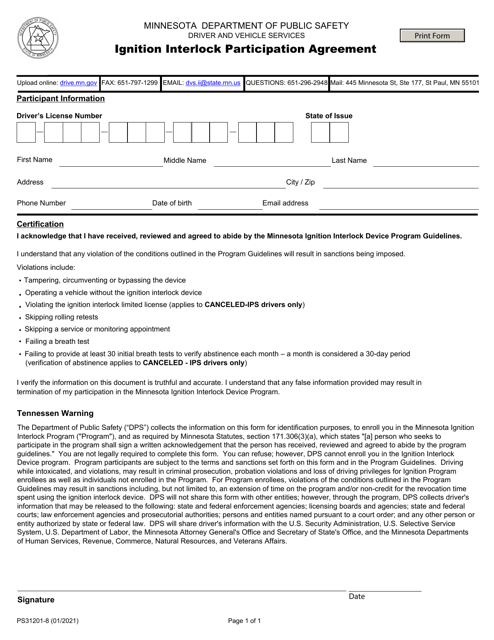 Form PS31202 Ignition Interlock Participation Agreement - Minnesota