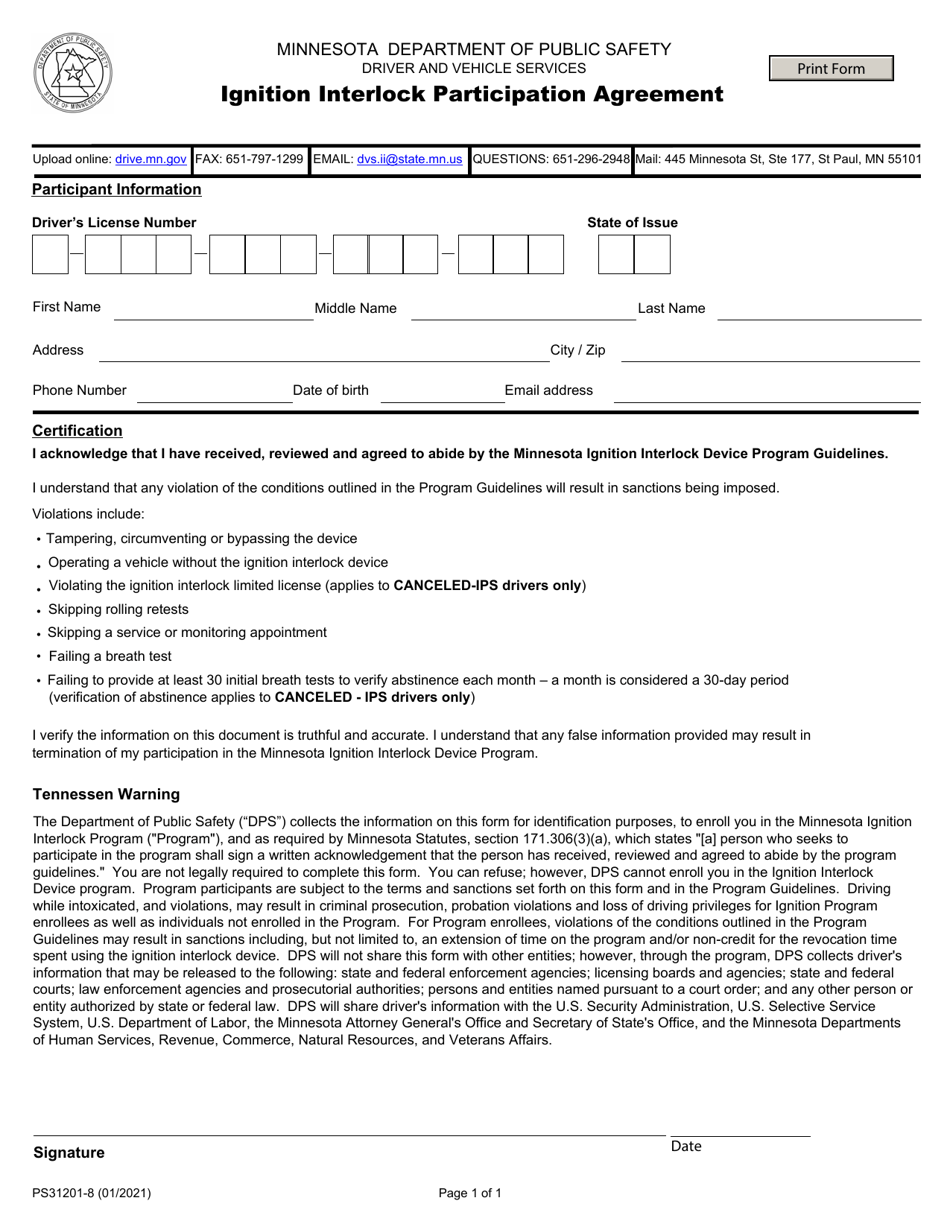 Form PS31202 Ignition Interlock Participation Agreement - Minnesota, Page 1